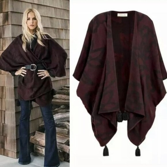 𝅺Cleobella Burgundy & Black Tassel Cape / Wrap / Scarf from Rachel Zoe St… - Picture 1 of 13